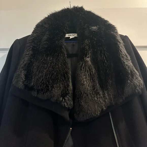 DKNY Black Pea Coat with Faux Fur Collar - Picture 2 of 5